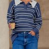 Womens Striped Swaters Button Collared Polo Shirts Oversized Long Sleeve Chunky Knit Trendy Pullover Tops
