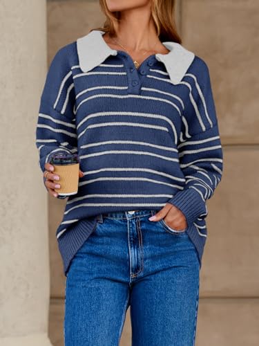 Womens Striped Swaters Button Collared Polo Shirts Oversized Long Sleeve Chunky Knit Trendy Pullover Tops