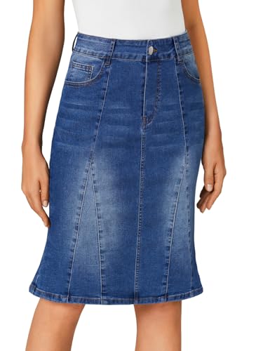 Women's Denim High Waisted Knee Length Pencil Mermaid Stretch Jean Skirt