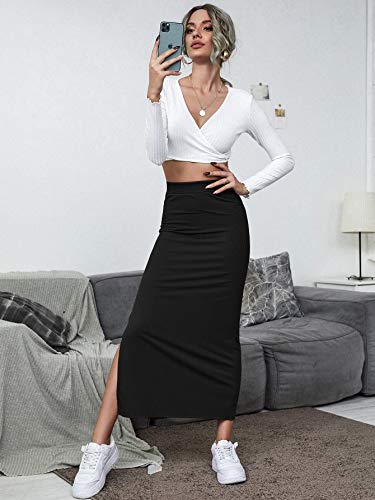 Women's Split Ribbed Knit Bodycon Maxi Skirt High Waisted Side Slit Pencil Long Skirts Summer Trendy 2025