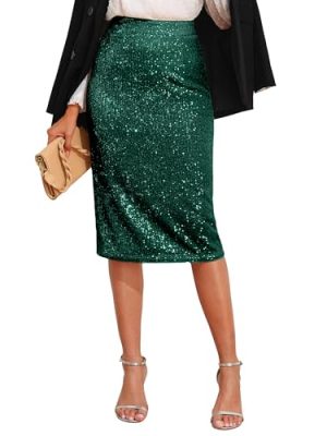 Women's High Waist Sequin Skirt Sparkly Midi Skirts Party Cocktail Bodycon Back Slit
