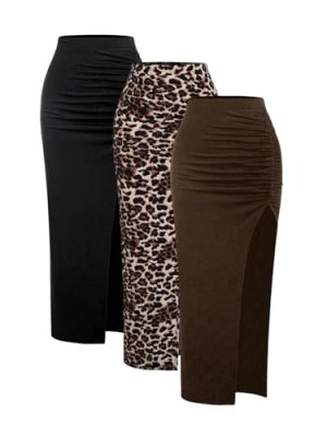 Women's 3 Pack Sexy Split Thigh Ruched Bodycon High Waisted Leopard Maxi Pencil Skirts
