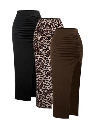 Women's 3 Pack Sexy Split Thigh Ruched Bodycon High Waisted Leopard Maxi Pencil Skirts