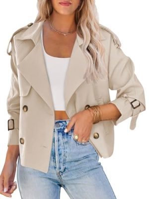 Women Crop Double Breasted Trench Coat Raglan Sleeve Work Office Cropped Jacket With Pockets