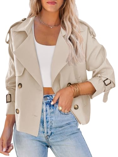 Women Crop Double Breasted Trench Coat Raglan Sleeve Work Office Cropped Jacket With Pockets