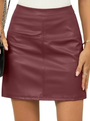 Women's PU Leather Mini Skirt High Waist Bodycon Pencil Skirt Stretch Faux Leather Built-in Shorts