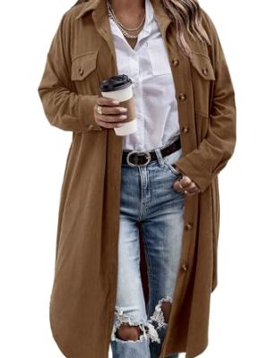 Womens Plaid Shacket Jacket Long Corduroy Shirt Casual Lapel Button Down Flannel Trench Coats