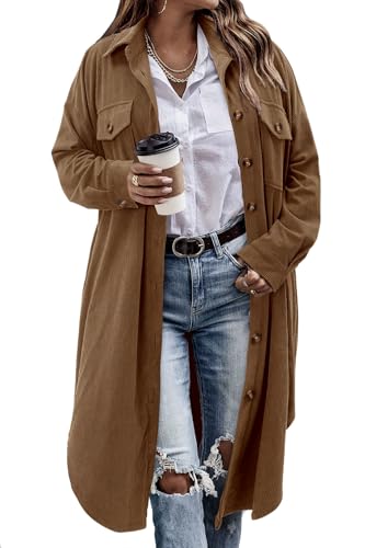 Womens Plaid Shacket Jacket Long Corduroy Shirt Casual Lapel Button Down Flannel Trench Coats