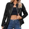 Faux Leather Jacket Women Motorcycle Zipper Bomber PU Bike Coat with Pockets