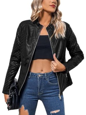 Faux Leather Jacket Women Motorcycle Zipper Bomber PU Bike Coat with Pockets