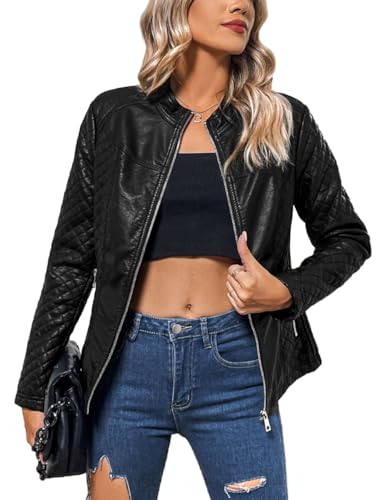 Faux Leather Jacket Women Motorcycle Zipper Bomber PU Bike Coat with Pockets
