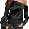 Women's Satin-Silk-Tops Sexy Off The Shoulder Dressy Blouse for Party Casual Long-Sleeve Elegant Shirt