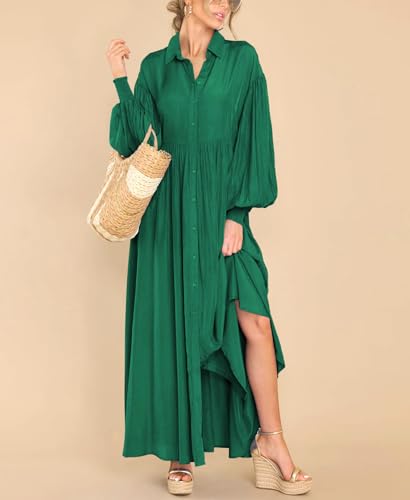 Women's Casual Long Sleeve Button Down Shirt Dress Elegant Pleated Flowy Swing Maxi Dress