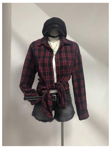 Women's Vintage Button Down Long Sleeve Flannel Plaid Collared Shirt Shacket Blouse