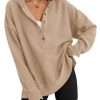 Womens Fashion 2025 Oversized Long Sleeve Hoodie Button Down V Neck Sweatshirt Side Slit Casual Pullover Tops