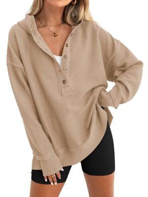 Womens Fashion 2025 Oversized Long Sleeve Hoodie Button Down V Neck Sweatshirt Side Slit Casual Pullover Tops