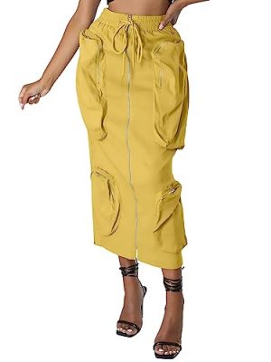 Women's Vintage 90s Drawstring Stretchy Zipper Muti-Pockets Pencil Long Cargo Skirt