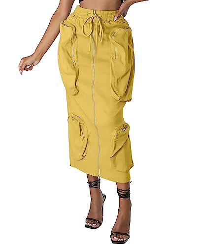 Women's Vintage 90s Drawstring Stretchy Zipper Muti-Pockets Pencil Long Cargo Skirt