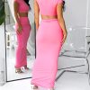 Two Piece Skirt Set for Women 2 PC Y2K Outfits Short Sleeve Crop Tops Bodycon High Waist Long Maxi Skirts