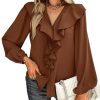 Women's V Neck Ruffle Front Button Down Long Sleeve Blouse Top Shirt