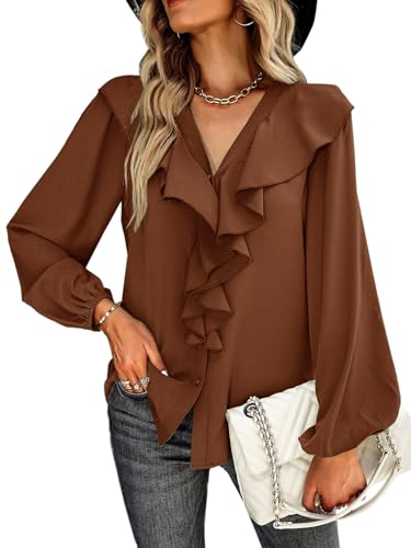 Women's V Neck Ruffle Front Button Down Long Sleeve Blouse Top Shirt