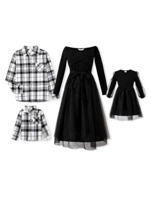 Family Matching Outfits Set Mommy and Me Dresses Off Shoulder Midi Dress Dad and Boy Plaid Button Down Shirts