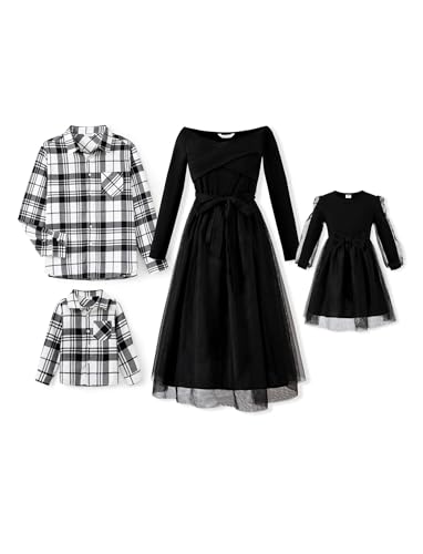 Family Matching Outfits Set Mommy and Me Dresses Off Shoulder Midi Dress Dad and Boy Plaid Button Down Shirts