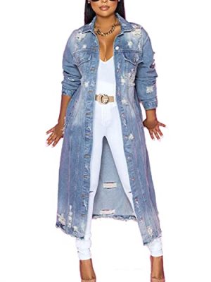 Women's Ripped Out Distressed Washed Long Blue Denim Jacket Trench Coat