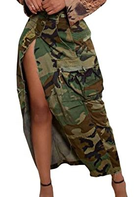 Women Camouflage Skirt Camo Maxi Pencil Skirt Bodycon Button Slit Cargo Skirt with Pocket