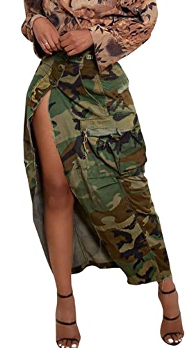 Women Camouflage Skirt Camo Maxi Pencil Skirt Bodycon Button Slit Cargo Skirt with Pocket