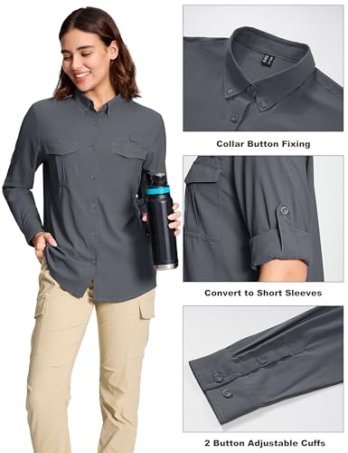 Women's UPF 50+ Long Sleeve Fishing Shirts UV Sun Protection Quick Dry Button Down Safari Hiking Travel Shirts