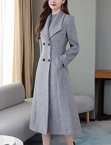 Womens Shawl Collar Long Wool Coats Fall Winter Double Breasted Trench Coat