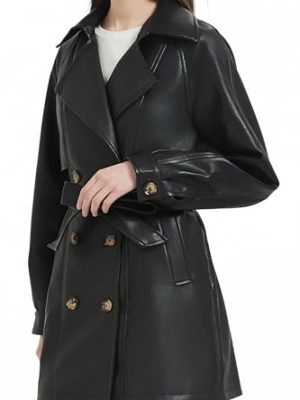 Women Faux Leather Long Jacket,Double Breasted Spring Fall Pleather Casual Lapel Mid Length Trench Coat with Belt