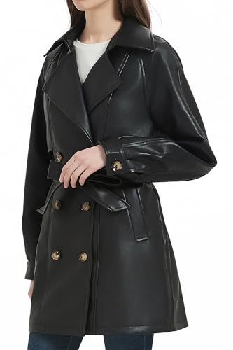 Women Faux Leather Long Jacket,Double Breasted Spring Fall Pleather Casual Lapel Mid Length Trench Coat with Belt