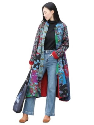 Women’s Flower Patchwork Coat Cotton Linen Trench Coat Women Jacket Vintage Boho Long Overcoat with Pockets
