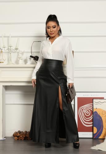 Womens High Waisted Sexy Pu Leather Vintage High Split A-Line Swing Long Skirt with Pockets