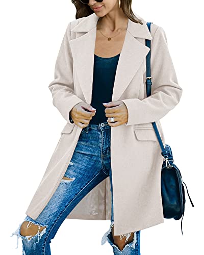 Womens Long Sleeve Wool Blend Pea Coat Lapel Notched Collar Warm Midi Casual Jacket Overcoat