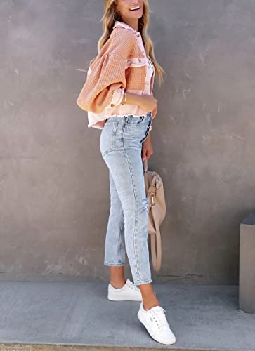 Women's Cropped Waffle Knit Jacket Boyfriend Button Down Shirt Shacket Tops