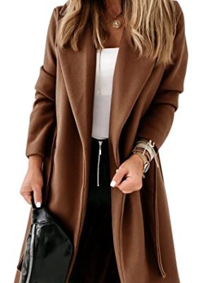 Womens Classic Coat Lapel Collar Open Front Belted Long Jacket