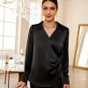 Women's Satin Silk Blouses Wrap V Neck Shirts Long Sleeve Elegant Tie Waist Office Formal Work Tunic PulloverTops
