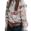 Women's Retro Aztec Shirt Western Cowgirl Pearl Snap Blouses Button Up Long Sleeve Ethnic Printed Top