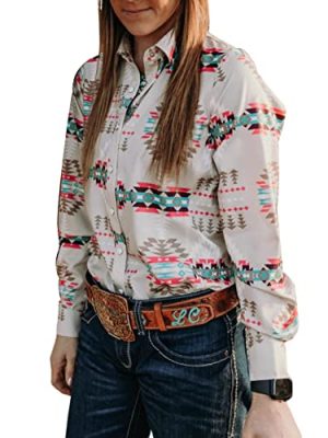 Women's Retro Aztec Shirt Western Cowgirl Pearl Snap Blouses Button Up Long Sleeve Ethnic Printed Top