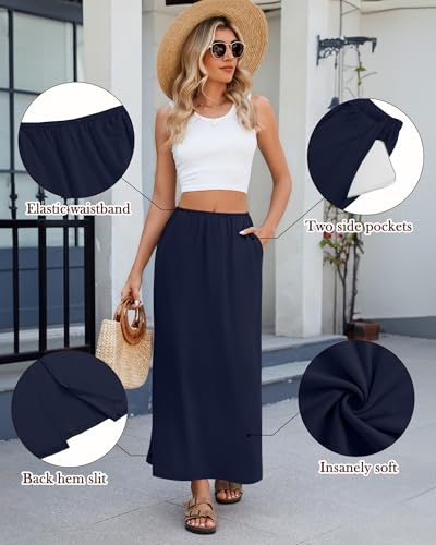 3 Pack Long Maxi Skirts for Women, Back Slit Ankle Length Casual Skirts Elastic Waist Soft Pencil Skirts with Pockets
