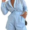 Women's 2 Piece Shirts Outfits Casual Button down Long Sleeve Blouses Tops High Waisted Shorts Sets with Pockets