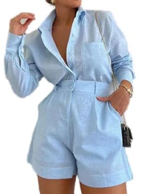 Women's 2 Piece Shirts Outfits Casual Button down Long Sleeve Blouses Tops High Waisted Shorts Sets with Pockets