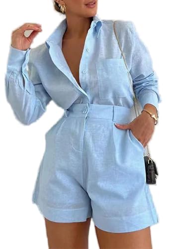 Women's 2 Piece Shirts Outfits Casual Button down Long Sleeve Blouses Tops High Waisted Shorts Sets with Pockets