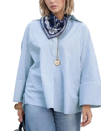 Women Button Down Shirt Casual Striped Print Dress Shirts Long Sleeve Collared Office Work Blouses Tops