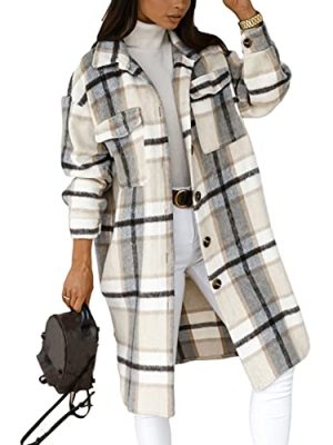 Women's Long Flannel Plaid Jacket Shacket Cozy Lapel Button Down Shirt Jacket Fuzzy Trench Coat
