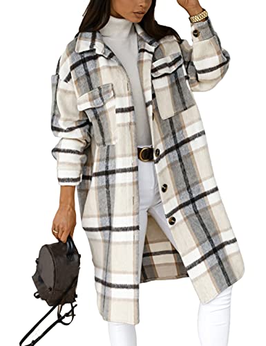 Women's Long Flannel Plaid Jacket Shacket Cozy Lapel Button Down Shirt Jacket Fuzzy Trench Coat