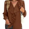 Women's V Neck Ruffle Front Button Down Long Sleeve Blouse Top Shirt